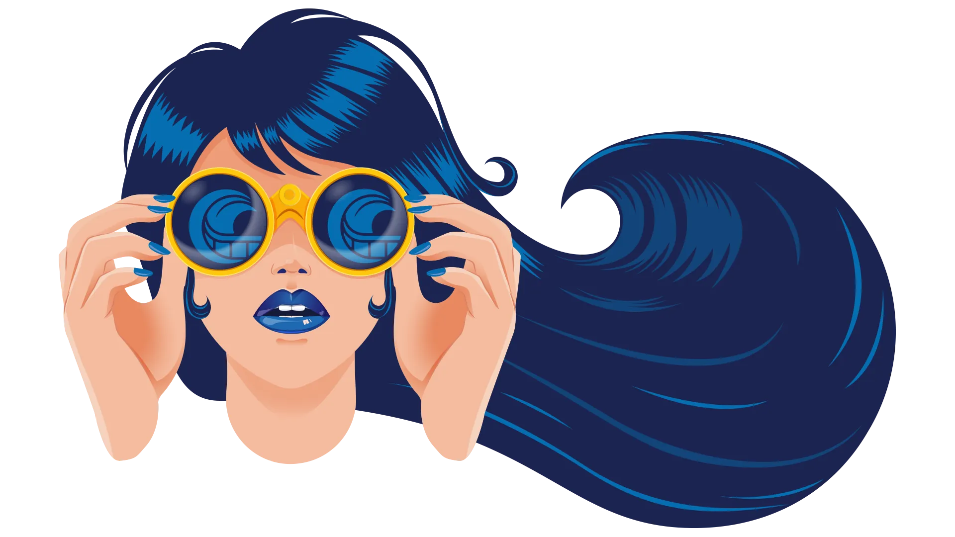 Illustrazione: ragazza con binocolo giallo e capelli a forma di onda