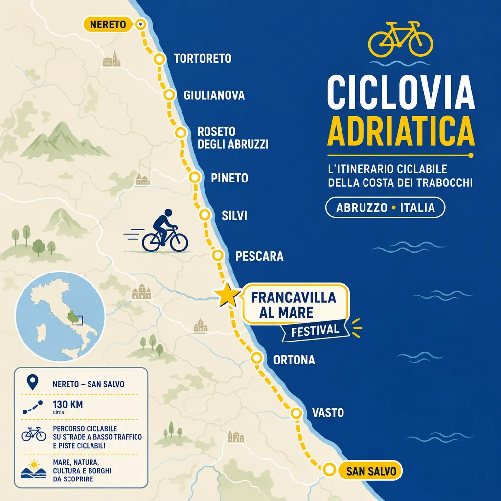 Mappa della Ciclovia Adriatica da Nereto a San Salvo, con evidenziata Francavilla al Mare, sede del Festival