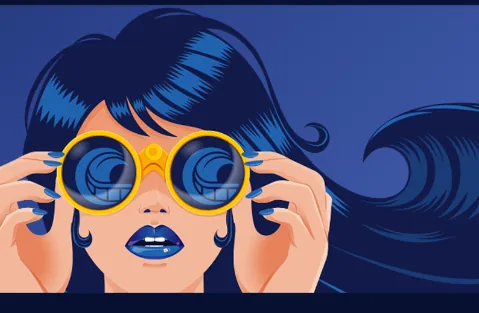 Illustrazione Adriatic Film Festival: volto con binocolo e onde del mare